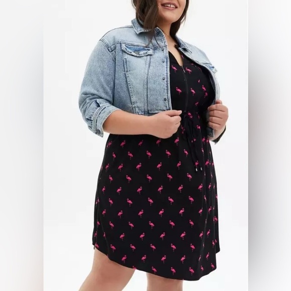 Torrid Mini Challis Zip-Front Shirt Dress Black Flamingo - Picture 2 of 12